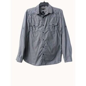 Helix‎ Mens Shirt XL Gray Tribal Embroidered Gothic Grunge Clubbing Y2K Style